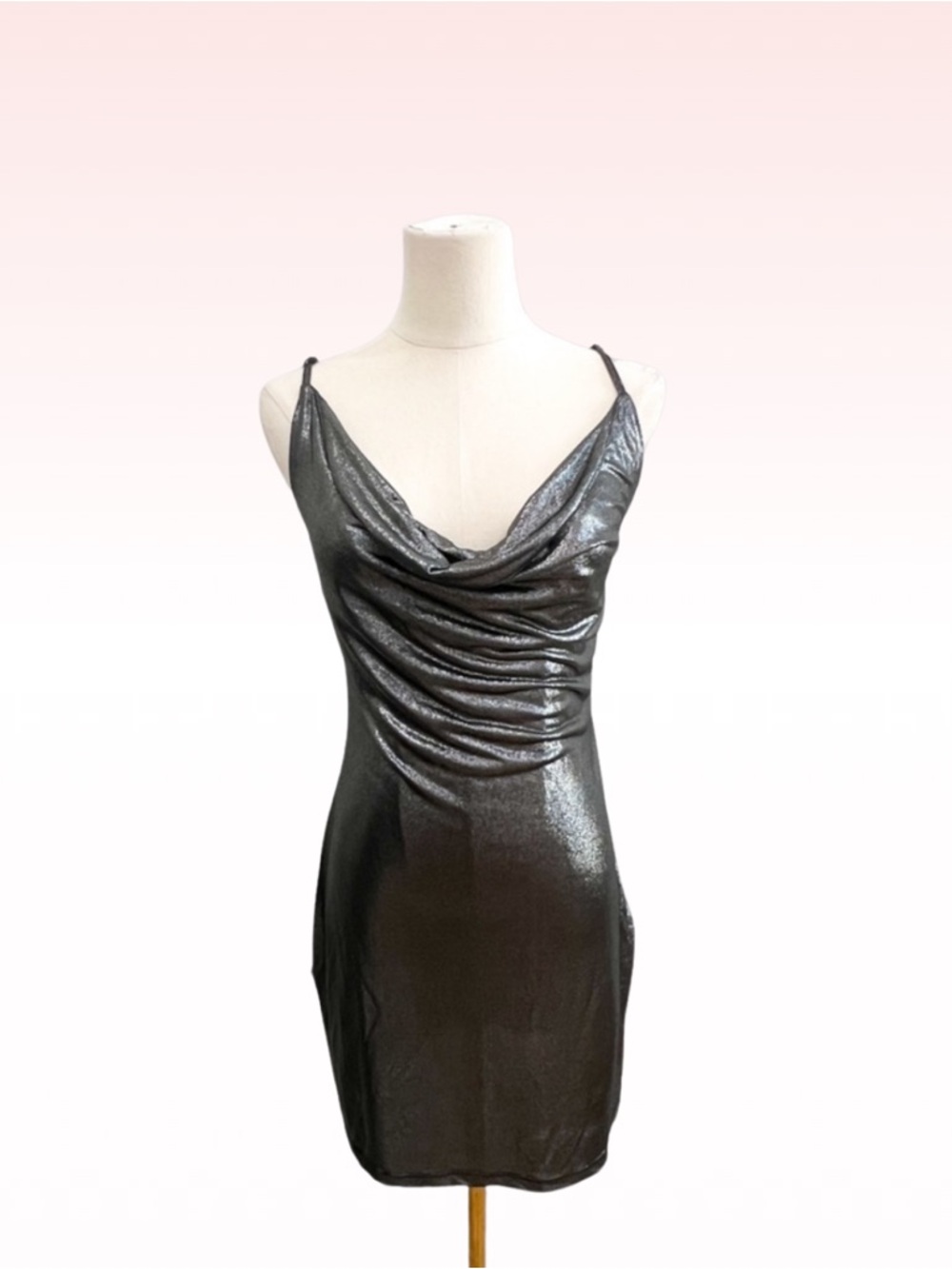 SAINT GENIES Metallic Silver Slinky Cowl Neck Dress (Sz 10)